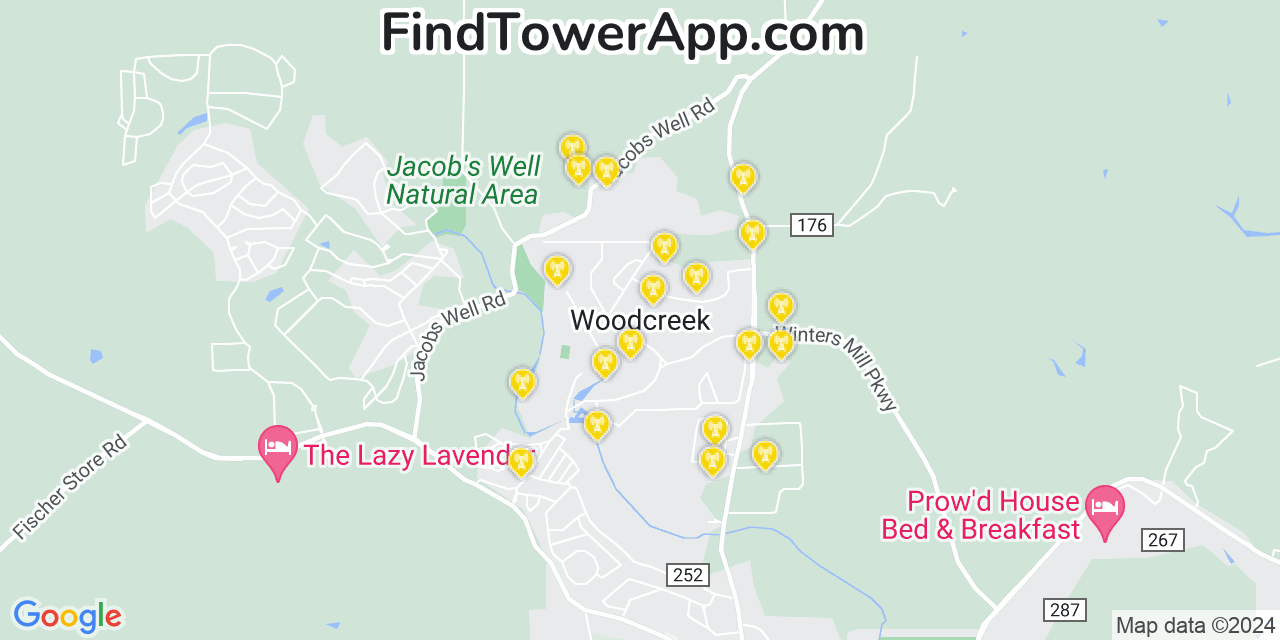 AT&T 4G/5G cell tower coverage map Woodcreek, Texas