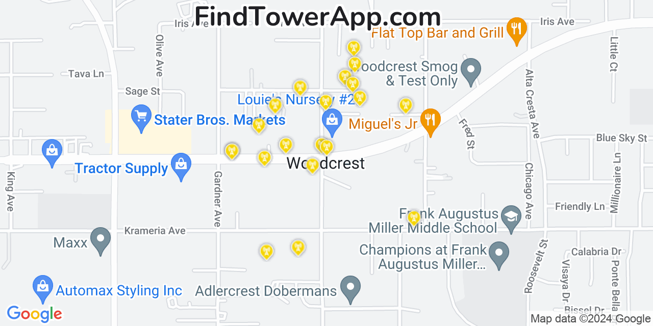 AT&T 4G/5G cell tower coverage map Woodcrest, California