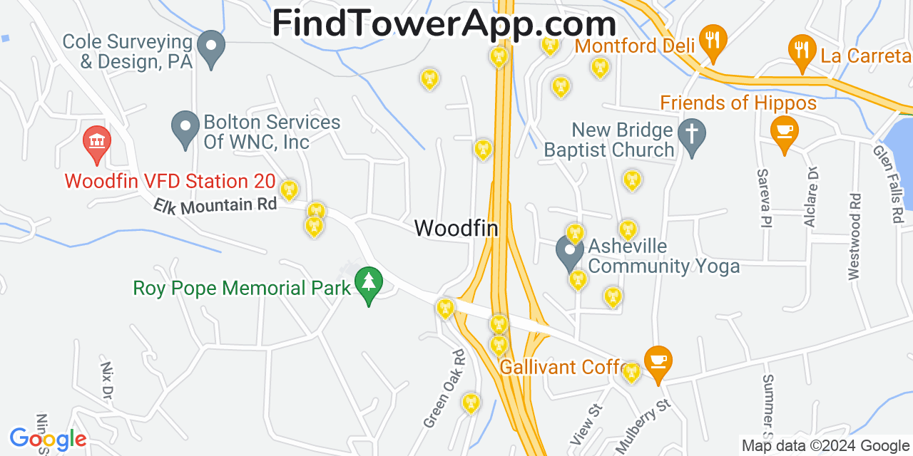 AT&T 4G/5G cell tower coverage map Woodfin, North Carolina