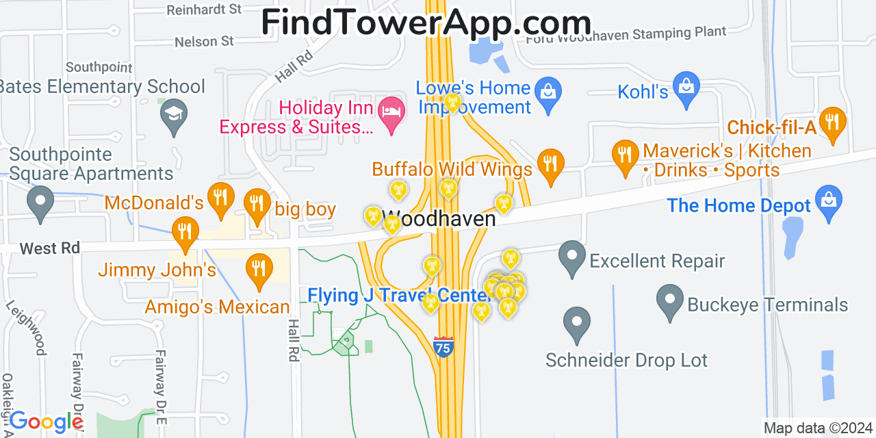 AT&T 4G/5G cell tower coverage map Woodhaven, Michigan