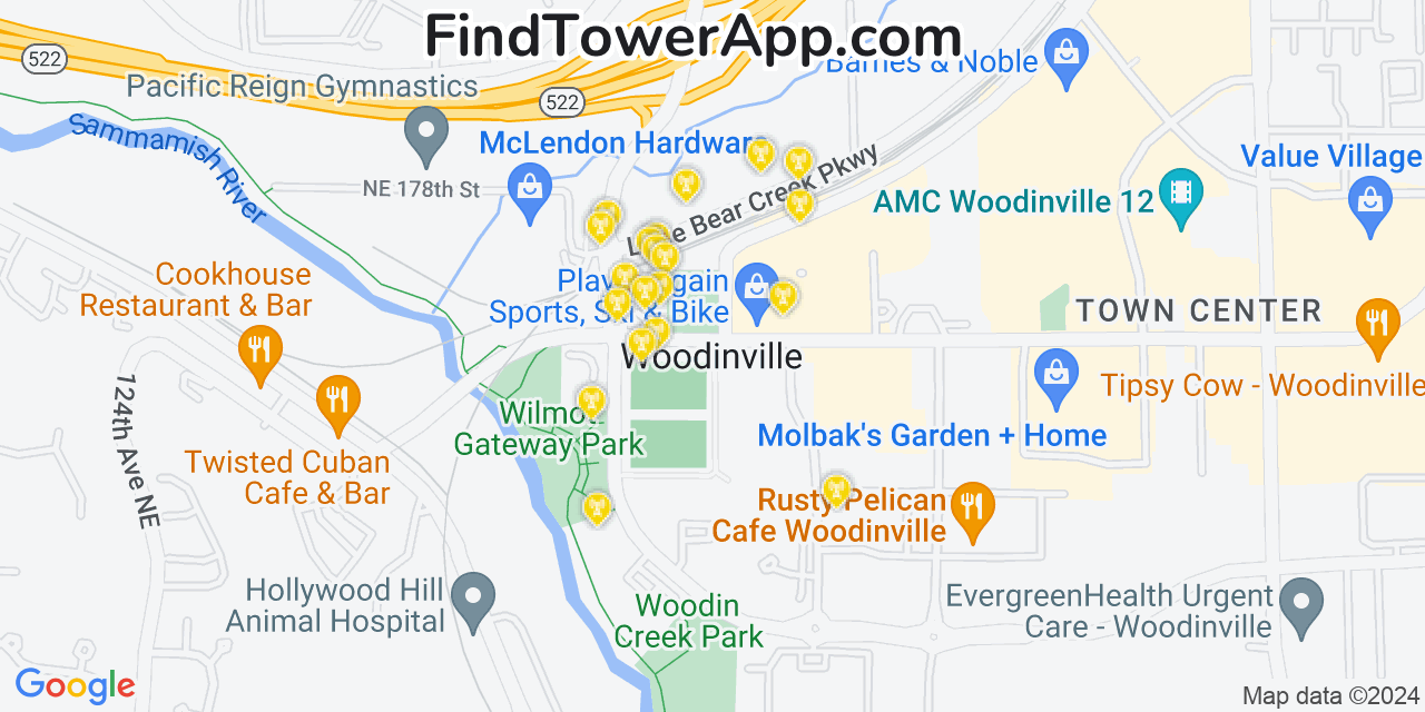AT&T 4G/5G cell tower coverage map Woodinville, Washington