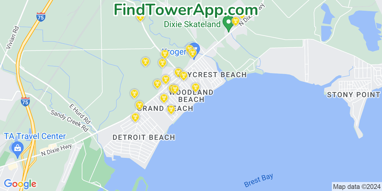 AT&T 4G/5G cell tower coverage map Woodland Beach, Michigan