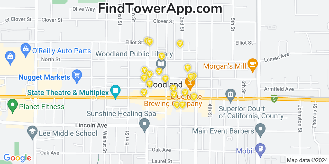 AT&T 4G/5G cell tower coverage map Woodland, California