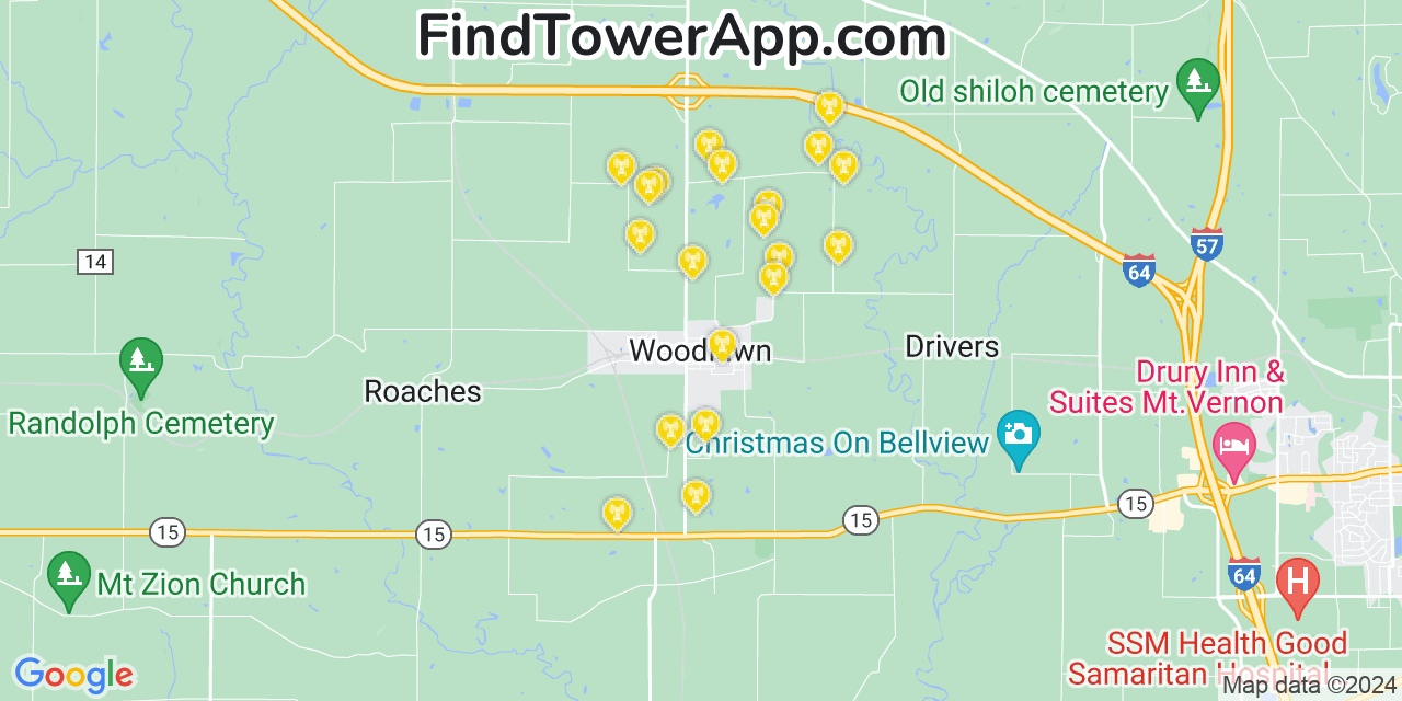AT&T 4G/5G cell tower coverage map Woodlawn, Illinois