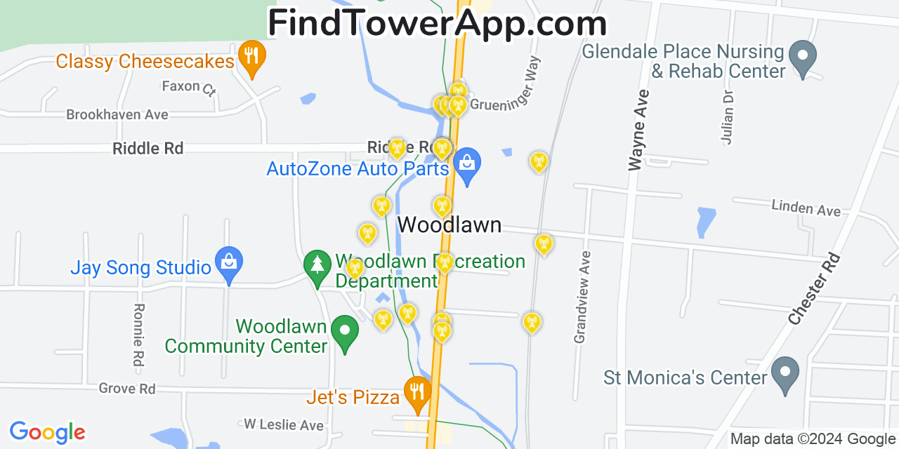 AT&T 4G/5G cell tower coverage map Woodlawn, Ohio