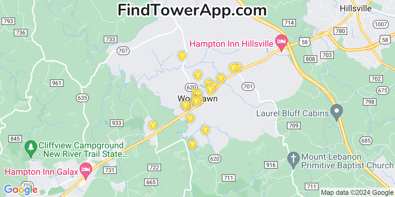 AT&T 4G/5G cell tower coverage map Woodlawn, Virginia