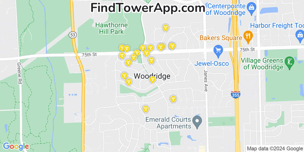 AT&T 4G/5G cell tower coverage map Woodridge, Illinois