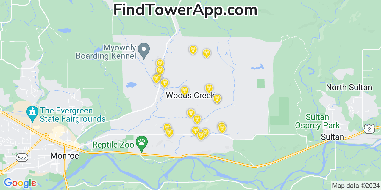 AT&T 4G/5G cell tower coverage map Woods Creek, Washington