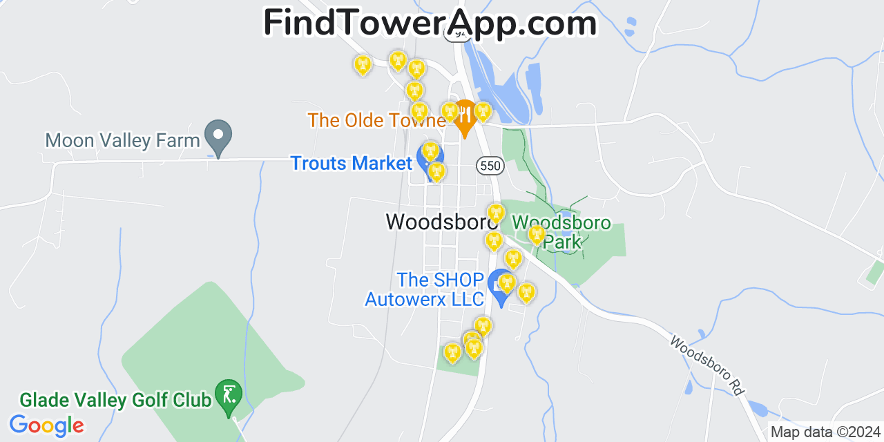 AT&T 4G/5G cell tower coverage map Woodsboro, Maryland