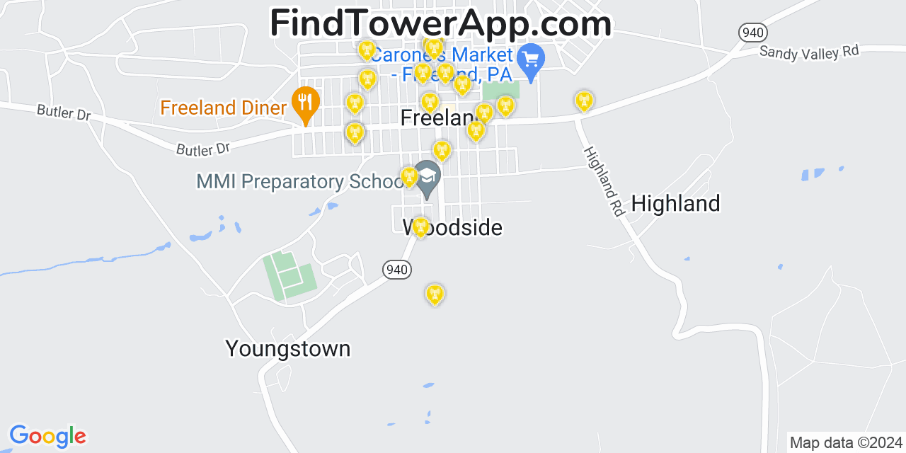 AT&T 4G/5G cell tower coverage map Woodside, Pennsylvania