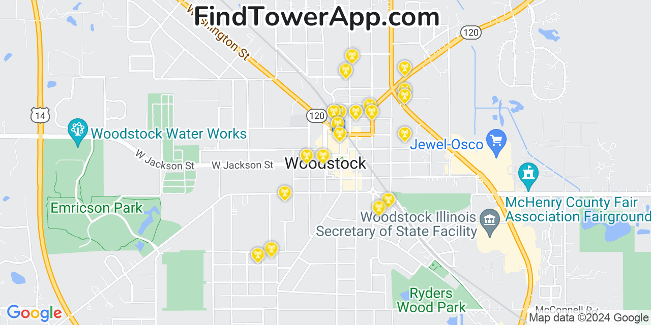 AT&T 4G/5G cell tower coverage map Woodstock, Illinois