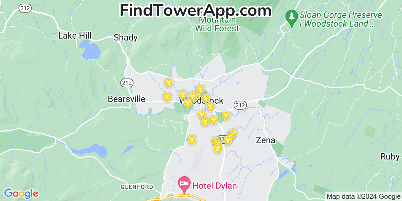 AT&T 4G/5G cell tower coverage map Woodstock, New York