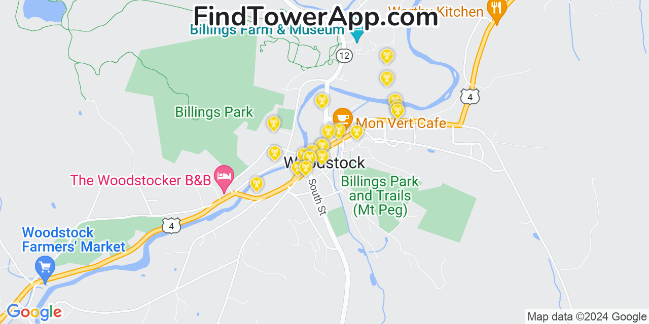 AT&T 4G/5G cell tower coverage map Woodstock, Vermont