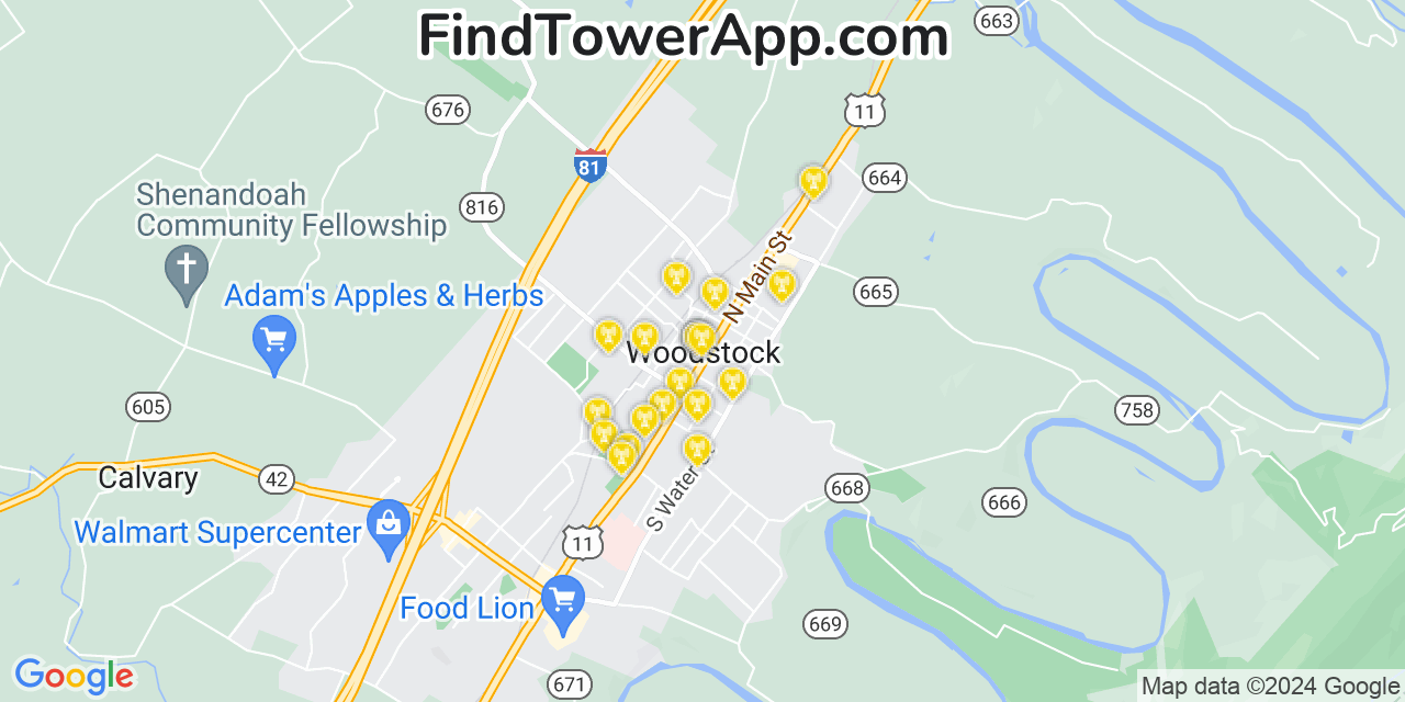 AT&T 4G/5G cell tower coverage map Woodstock, Virginia