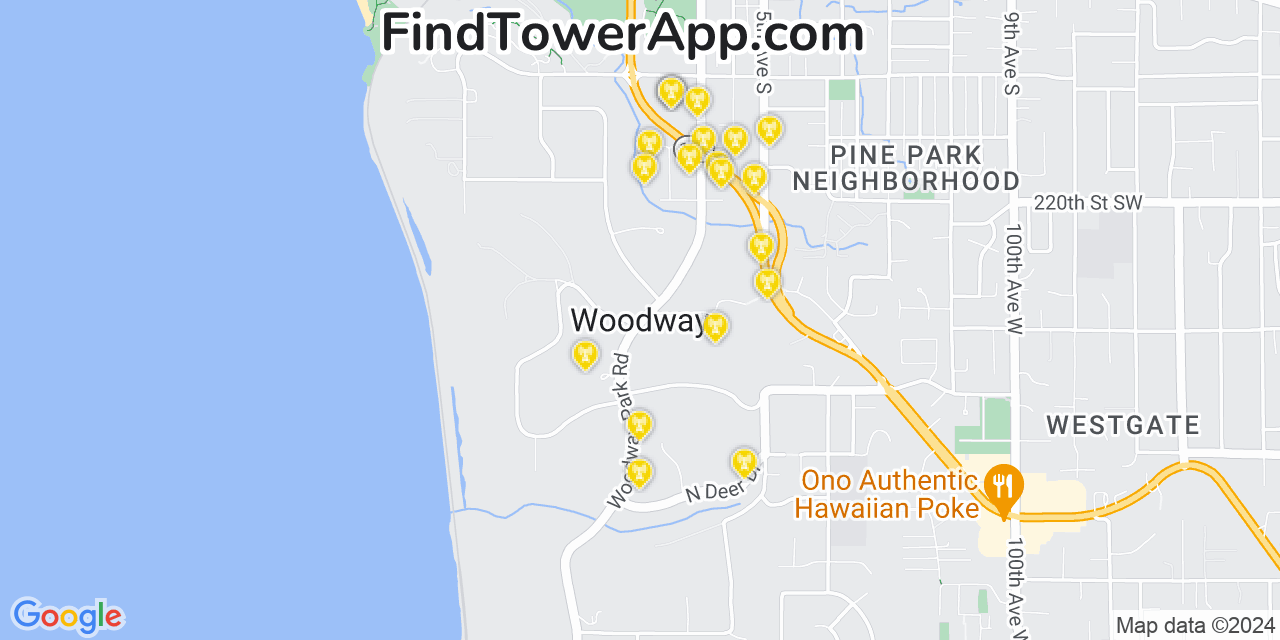 AT&T 4G/5G cell tower coverage map Woodway, Washington