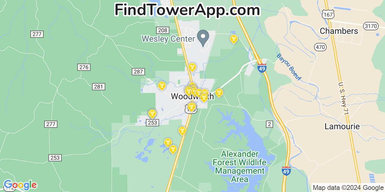 AT&T 4G/5G cell tower coverage map Woodworth, Louisiana