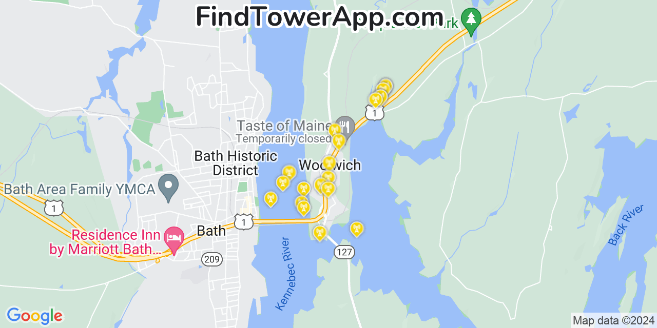 AT&T 4G/5G cell tower coverage map Woolwich, Maine