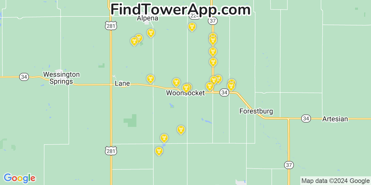 AT&T 4G/5G cell tower coverage map Woonsocket, South Dakota