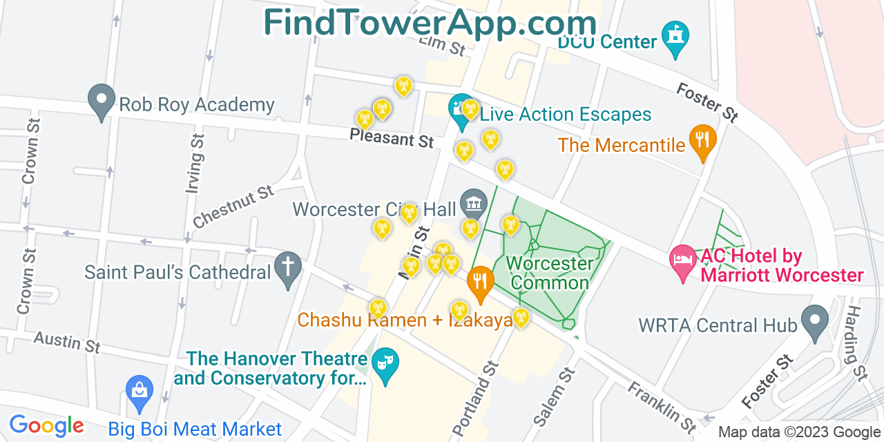 AT&T 4G/5G cell tower coverage map Worcester, Massachusetts