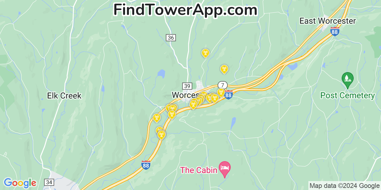 AT&T 4G/5G cell tower coverage map Worcester, New York
