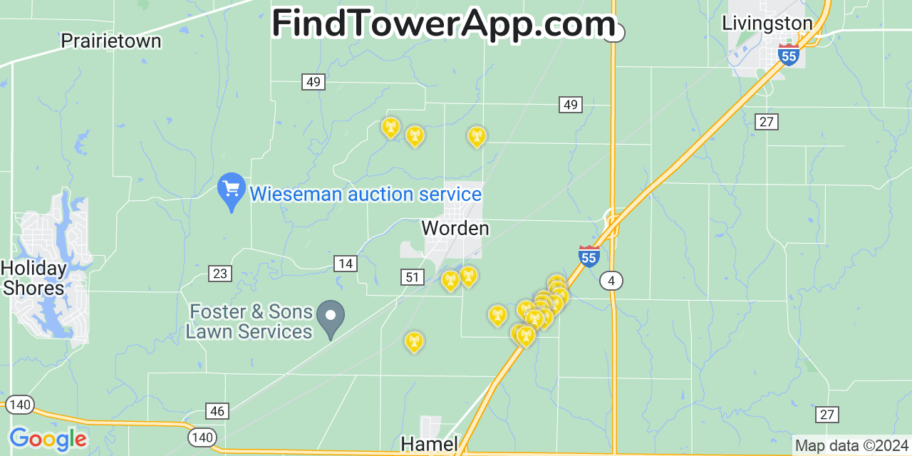 AT&T 4G/5G cell tower coverage map Worden, Illinois