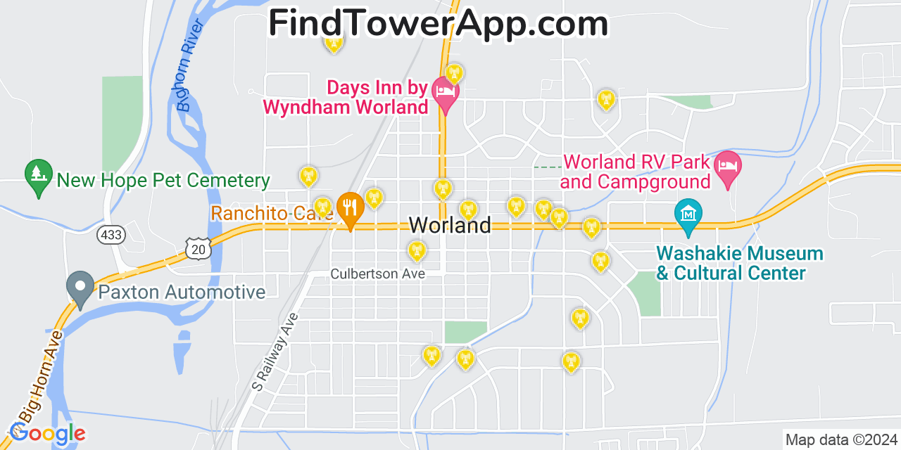 AT&T 4G/5G cell tower coverage map Worland, Wyoming