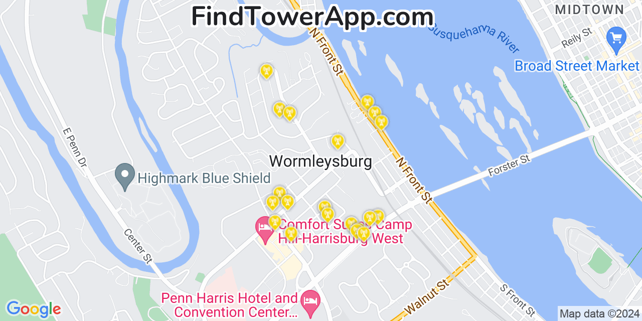 AT&T 4G/5G cell tower coverage map Wormleysburg, Pennsylvania