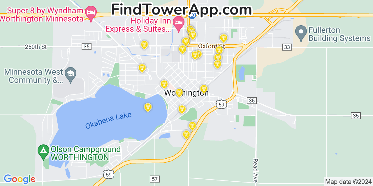 AT&T 4G/5G cell tower coverage map Worthington, Minnesota
