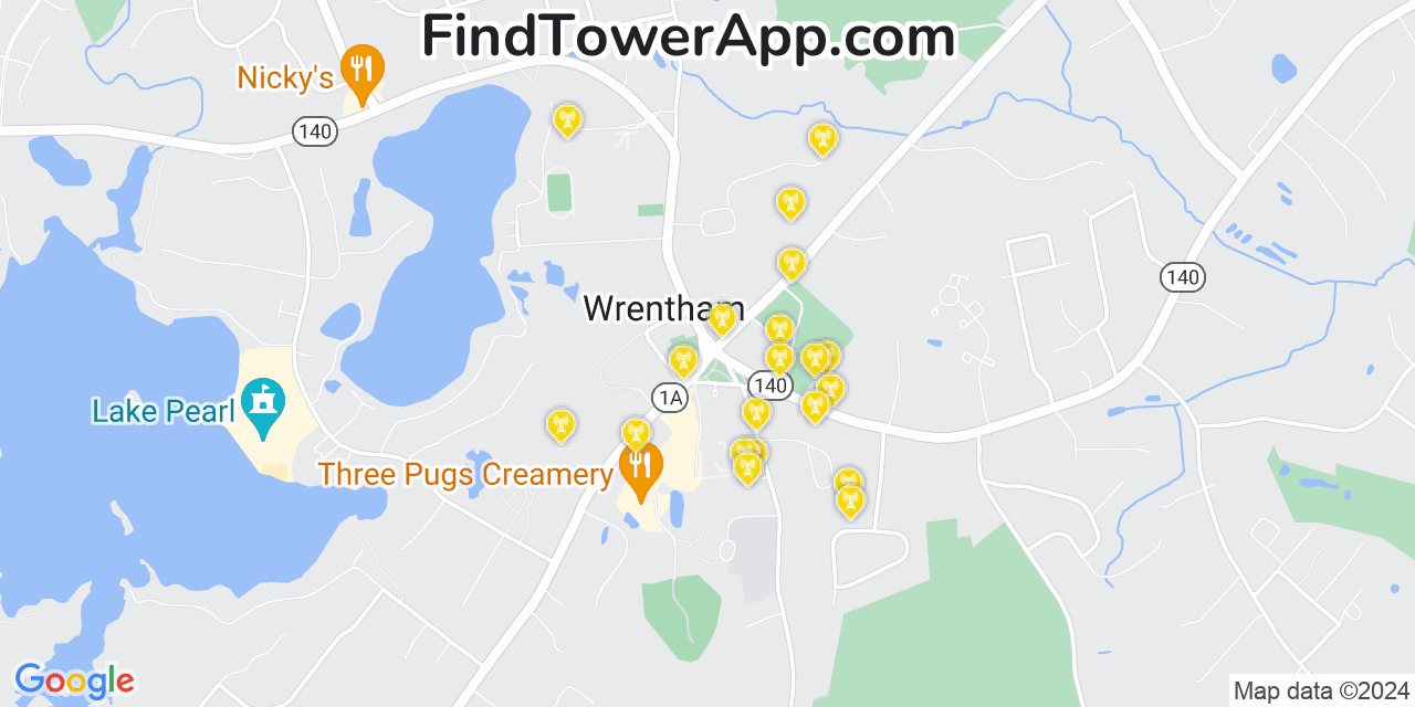 AT&T 4G/5G cell tower coverage map Wrentham, Massachusetts