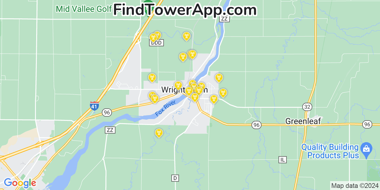 AT&T 4G/5G cell tower coverage map Wrightstown, Wisconsin