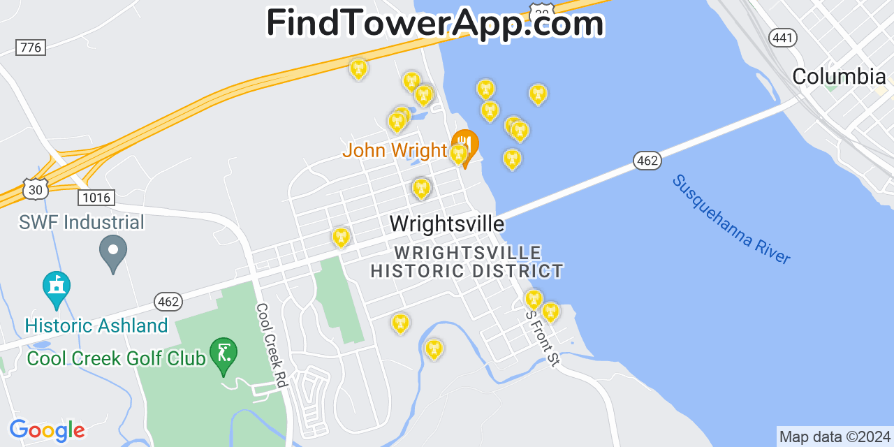 AT&T 4G/5G cell tower coverage map Wrightsville, Pennsylvania