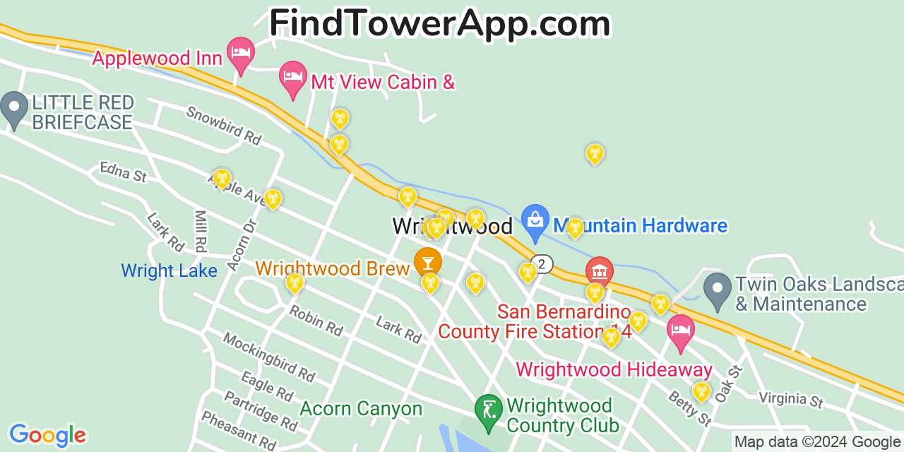 AT&T 4G/5G cell tower coverage map Wrightwood, California