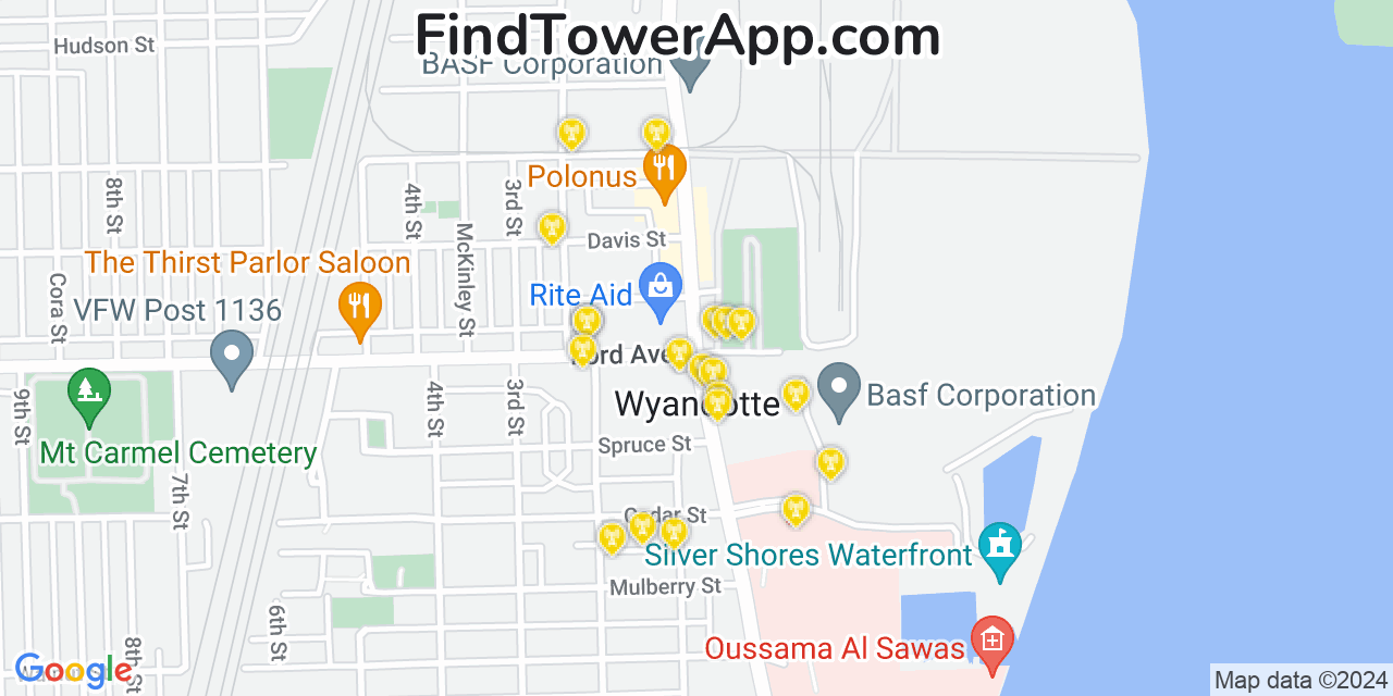 AT&T 4G/5G cell tower coverage map Wyandotte, Michigan