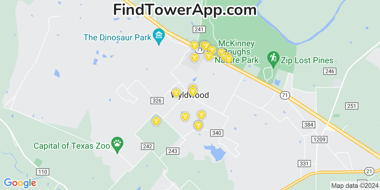 AT&T 4G/5G cell tower coverage map Wyldwood, Texas