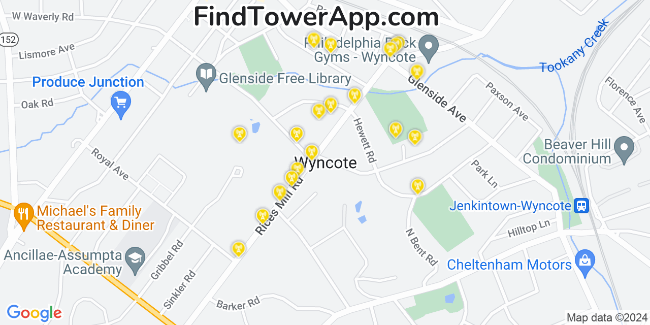 AT&T 4G/5G cell tower coverage map Wyncote, Pennsylvania