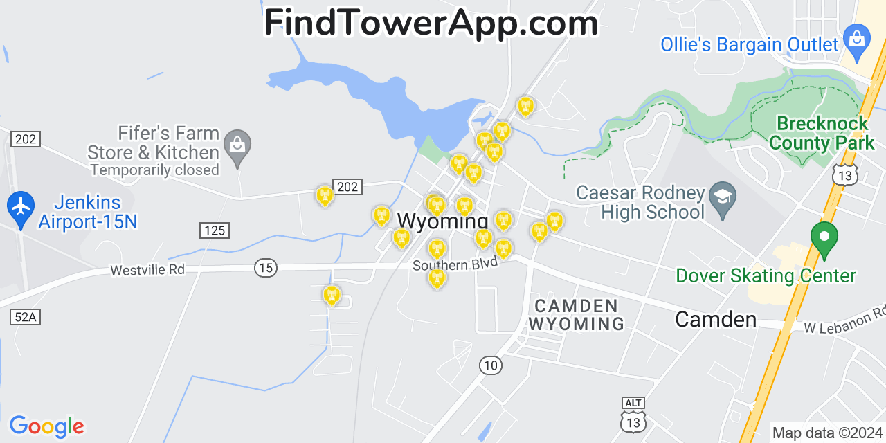 AT&T 4G/5G cell tower coverage map Wyoming, Delaware