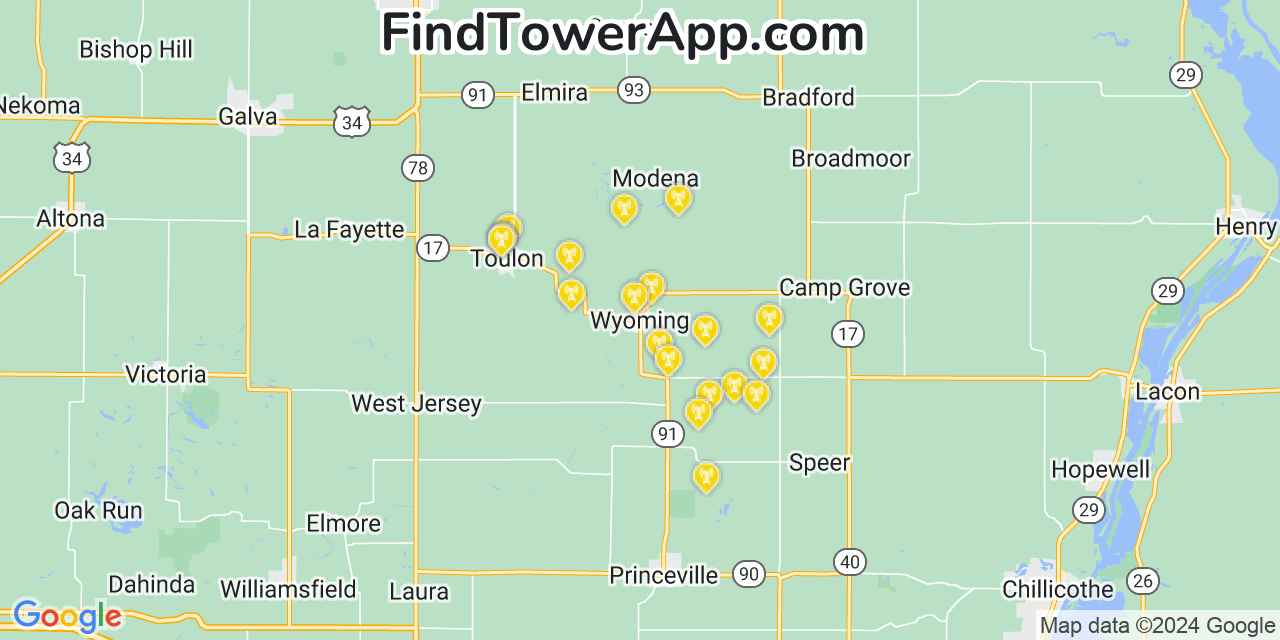 AT&T 4G/5G cell tower coverage map Wyoming, Illinois