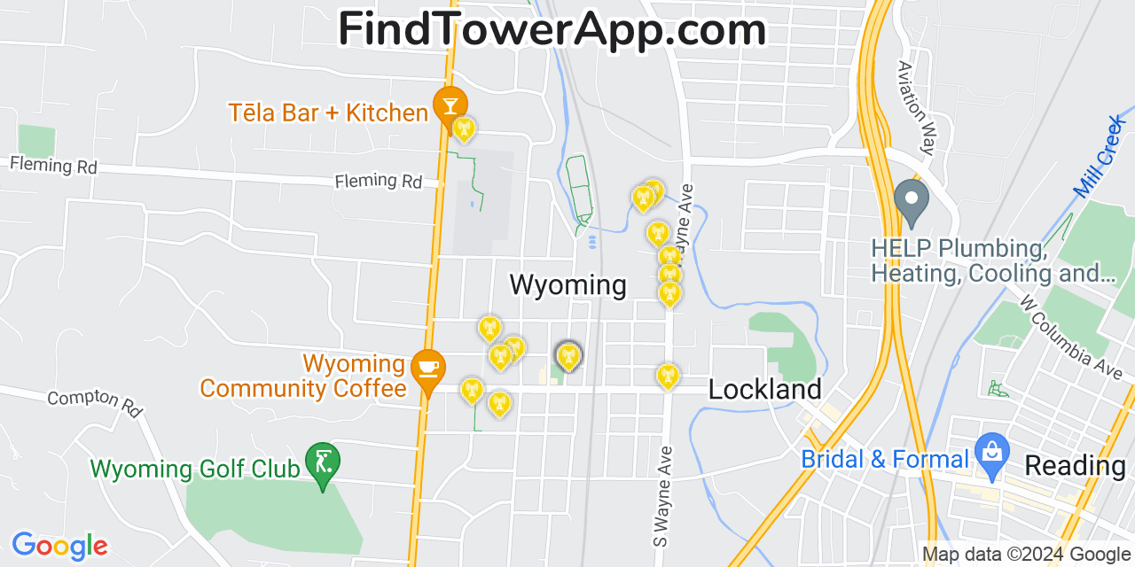 AT&T 4G/5G cell tower coverage map Wyoming, Ohio