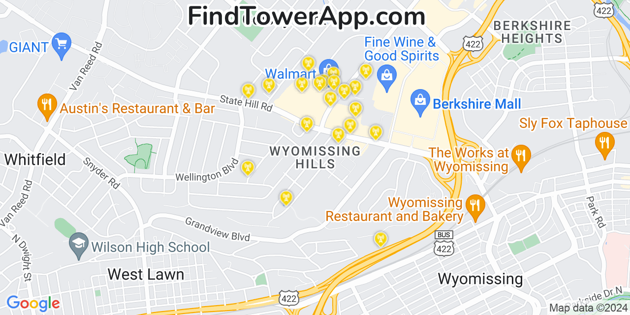 AT&T 4G/5G cell tower coverage map Wyomissing Hills, Pennsylvania