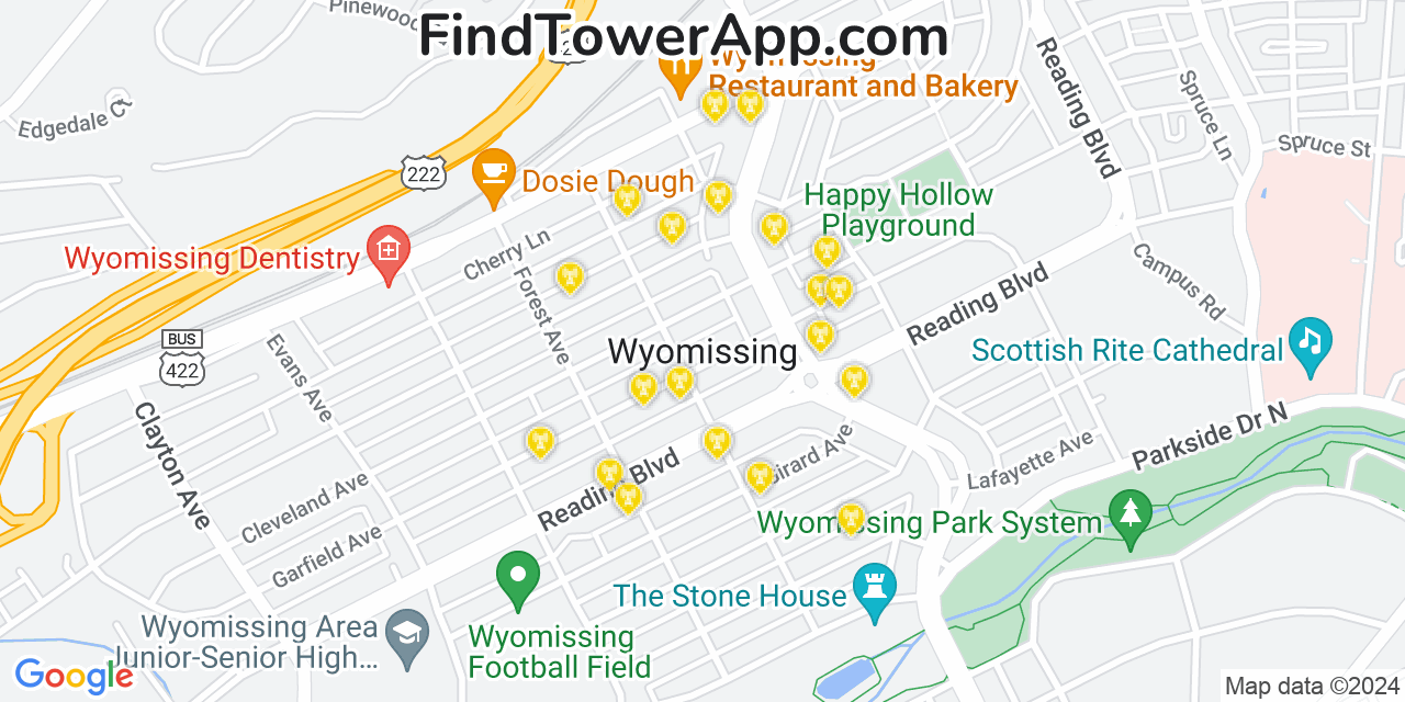 AT&T 4G/5G cell tower coverage map Wyomissing, Pennsylvania