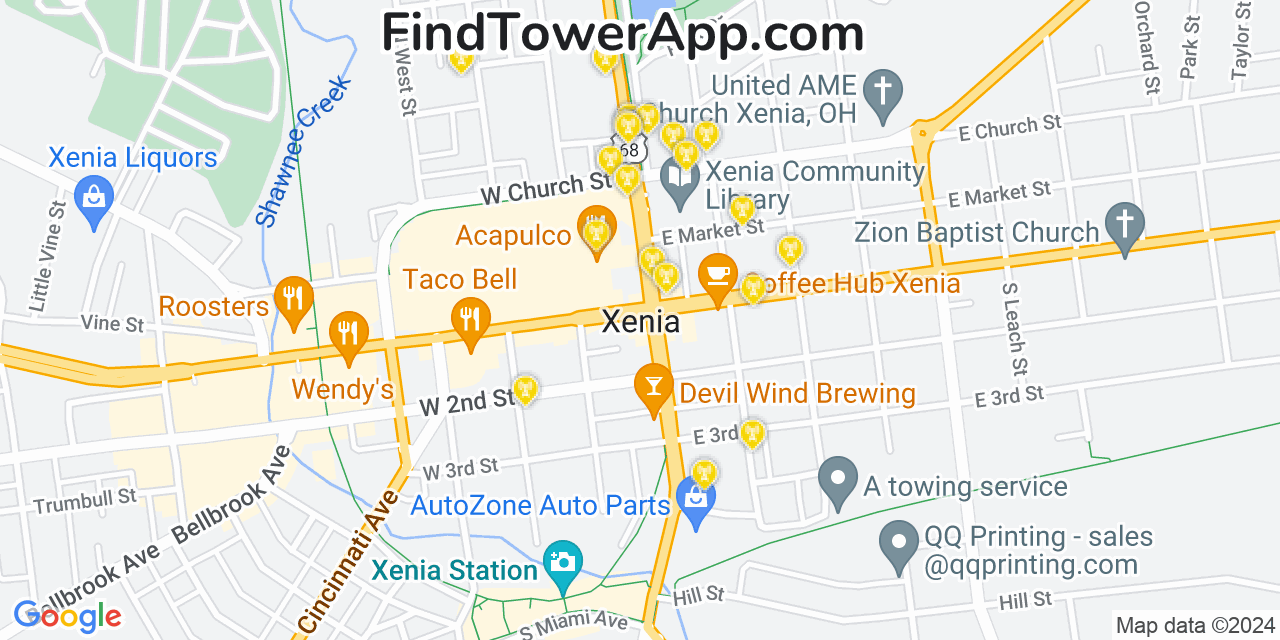 AT&T 4G/5G cell tower coverage map Xenia, Ohio