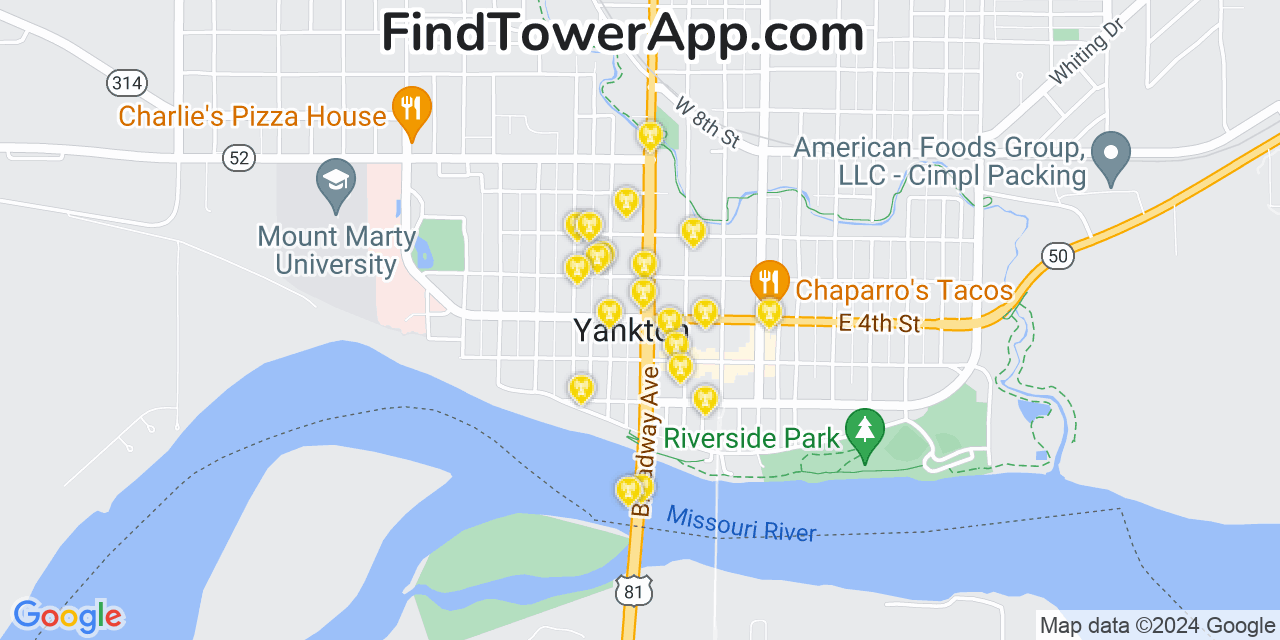 AT&T 4G/5G cell tower coverage map Yankton, South Dakota