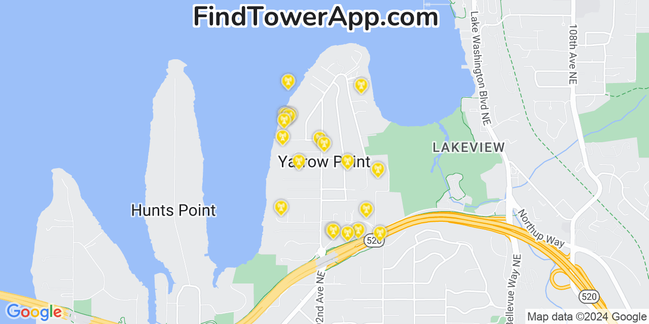 AT&T 4G/5G cell tower coverage map Yarrow Point, Washington