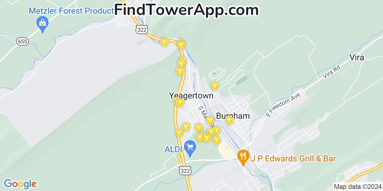 AT&T 4G/5G cell tower coverage map Yeagertown, Pennsylvania