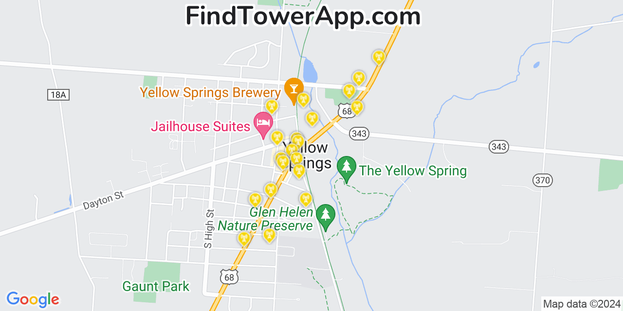 AT&T 4G/5G cell tower coverage map Yellow Springs, Ohio