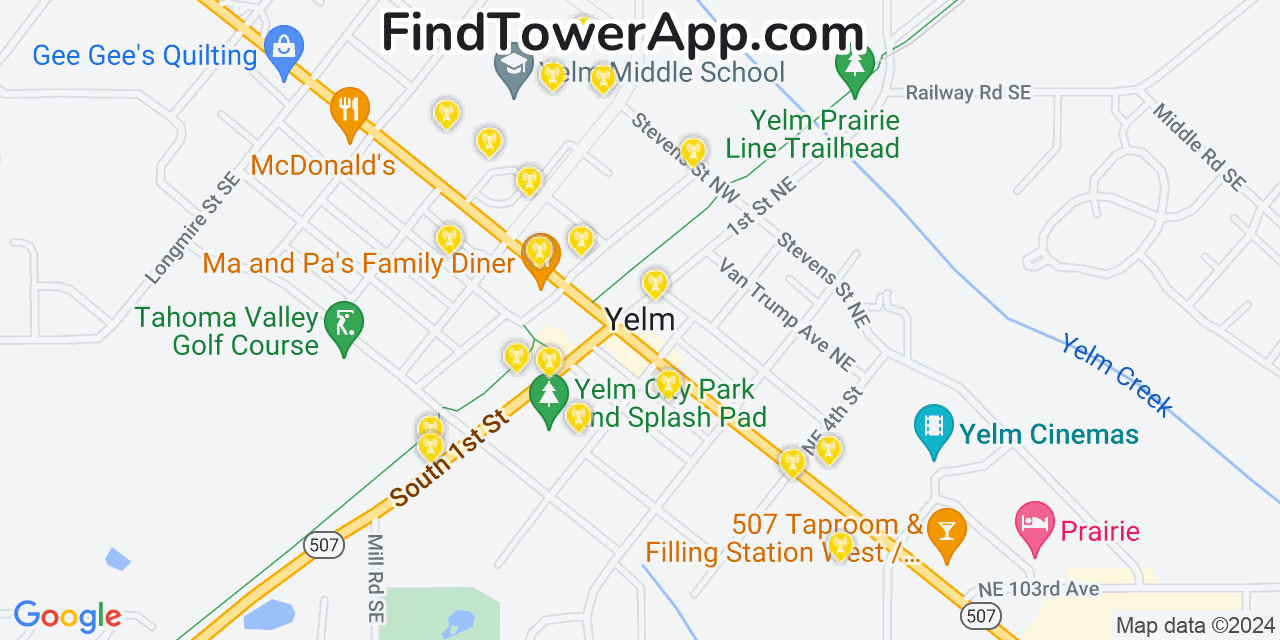 Verizon 4G/5G cell tower coverage map Yelm, Washington