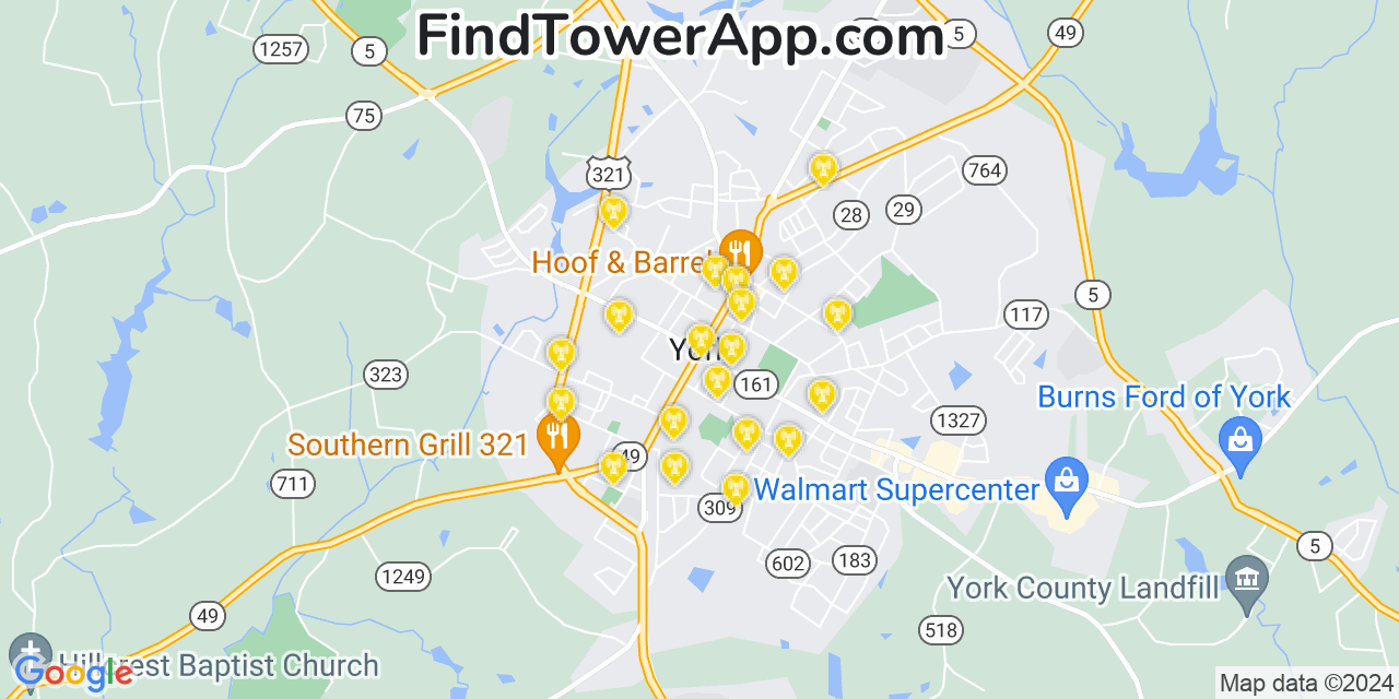 T-Mobile 4G/5G cell tower coverage map York, South Carolina