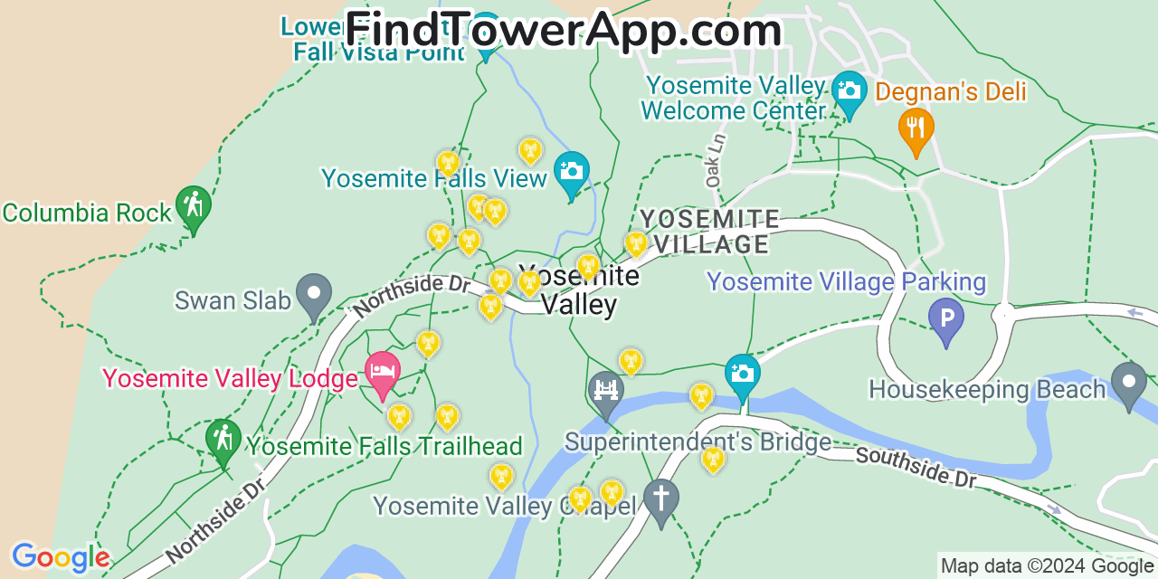 Verizon 4G/5G cell tower coverage map Yosemite Valley, California