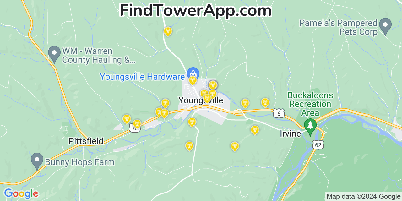 AT&T 4G/5G cell tower coverage map Youngsville, Pennsylvania