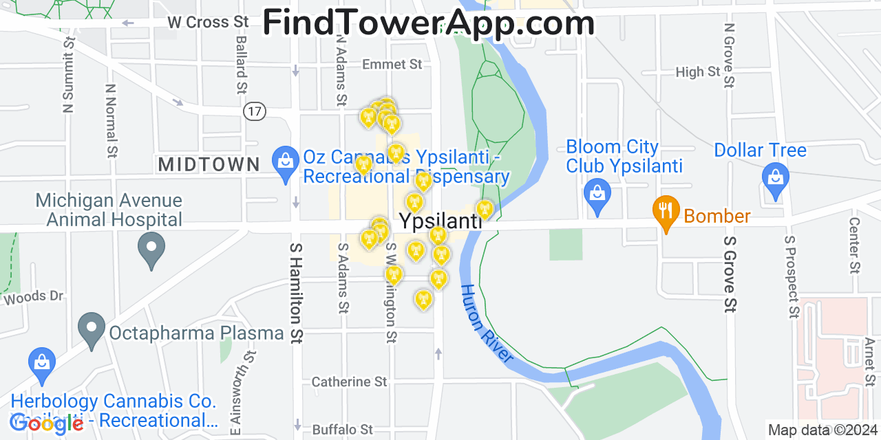 Verizon 4G/5G cell tower coverage map Ypsilanti, Michigan